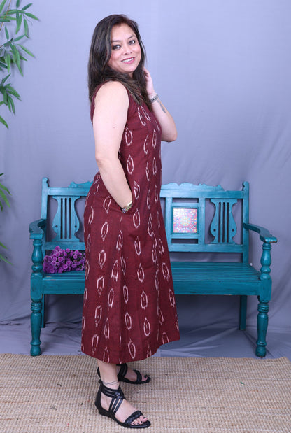 Maroon Single Ikat Dress with Mandarin Collar