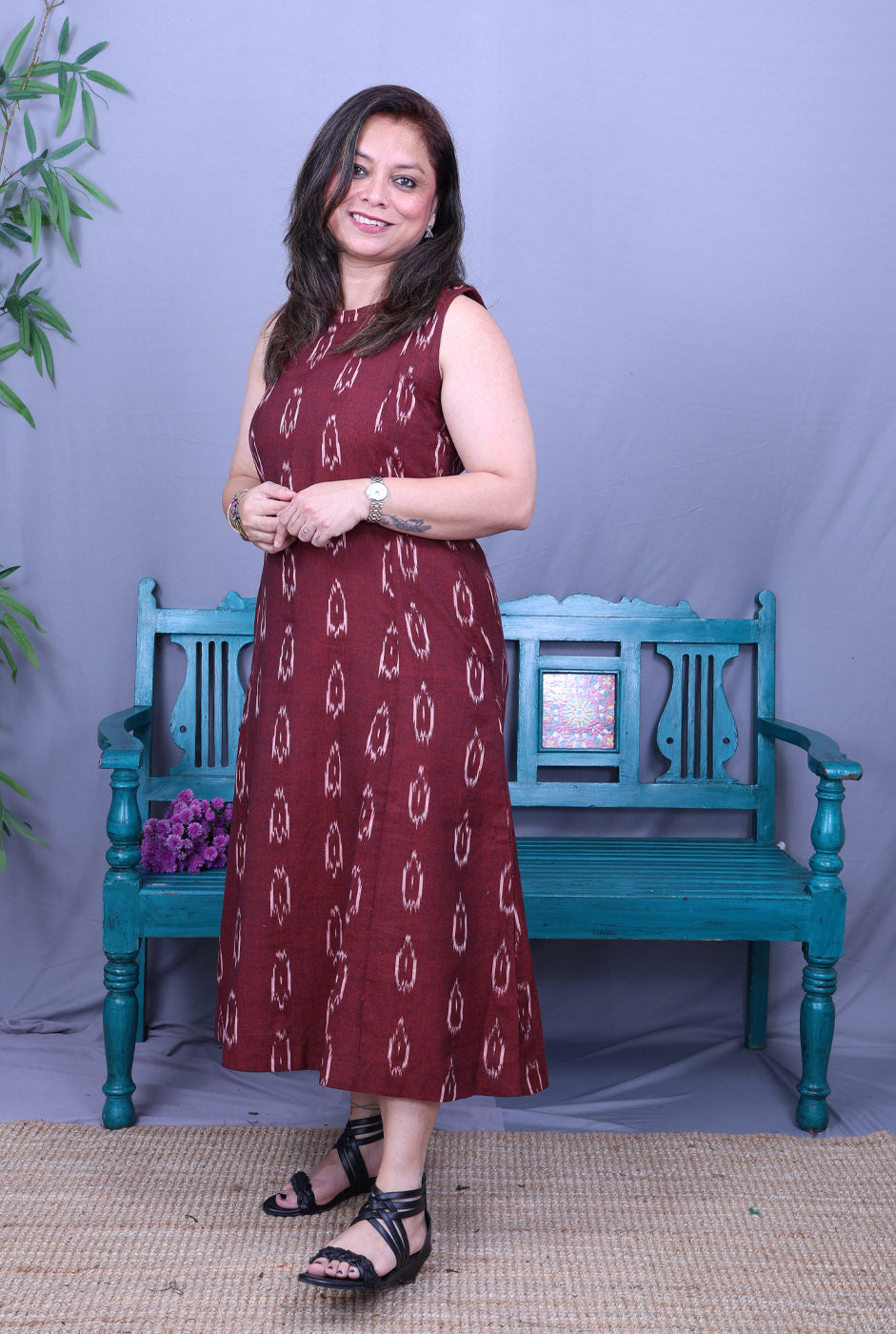 Maroon Single Ikat Dress with Mandarin Collar