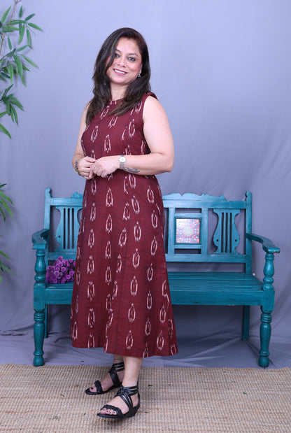 Maroon Single Ikat Dress with Mandarin Collar