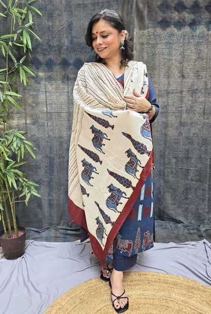 Raas Blue Ajrakh Straight Fit Kurta with Pichwai Border