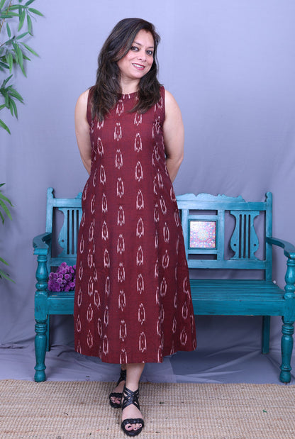Maroon Single Ikat Dress with Mandarin Collar