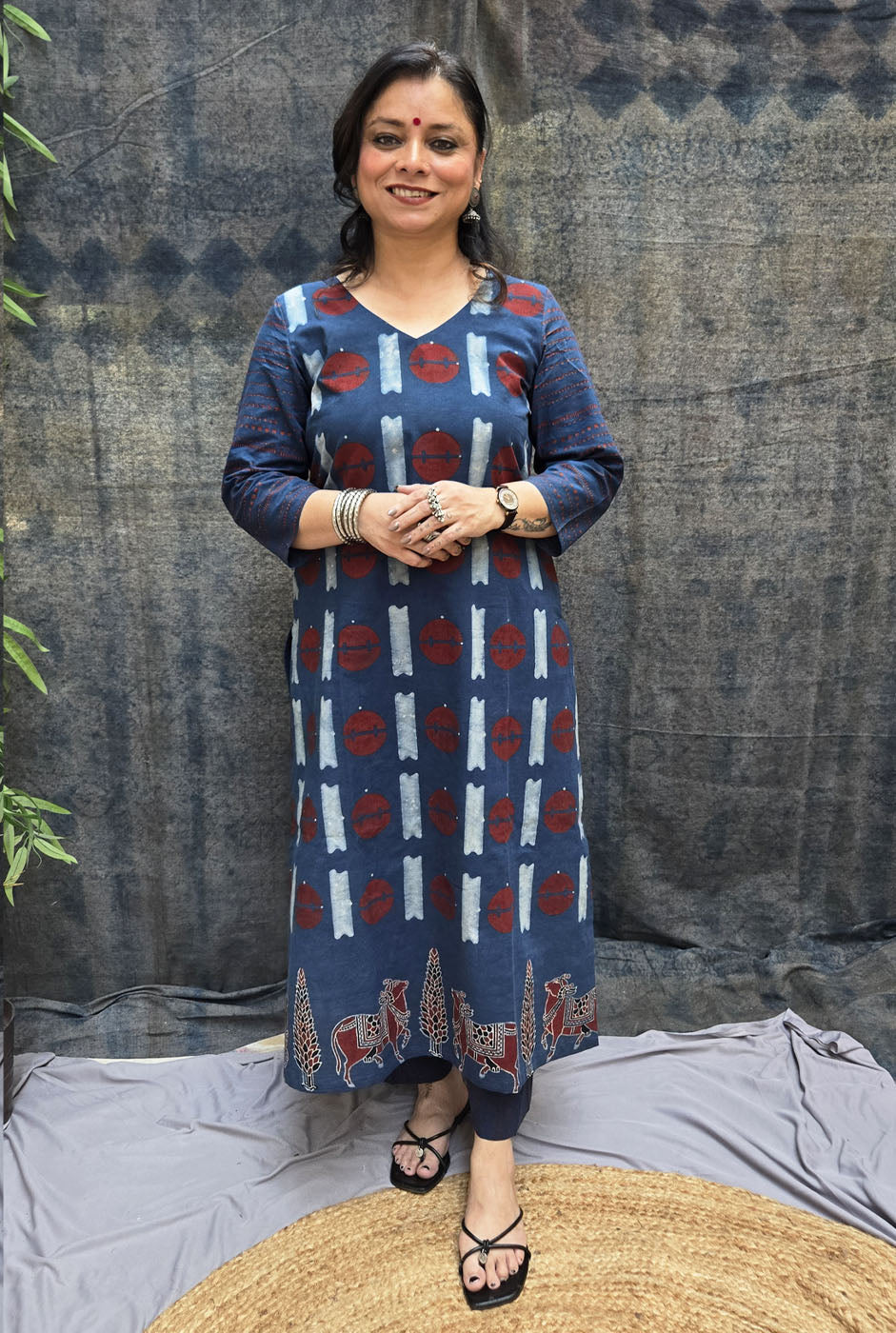 Raas Blue Ajrakh Straight Fit Kurta with Pichwai Border