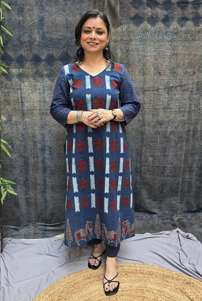 Raas Blue Ajrakh Straight Fit Kurta with Pichwai Border