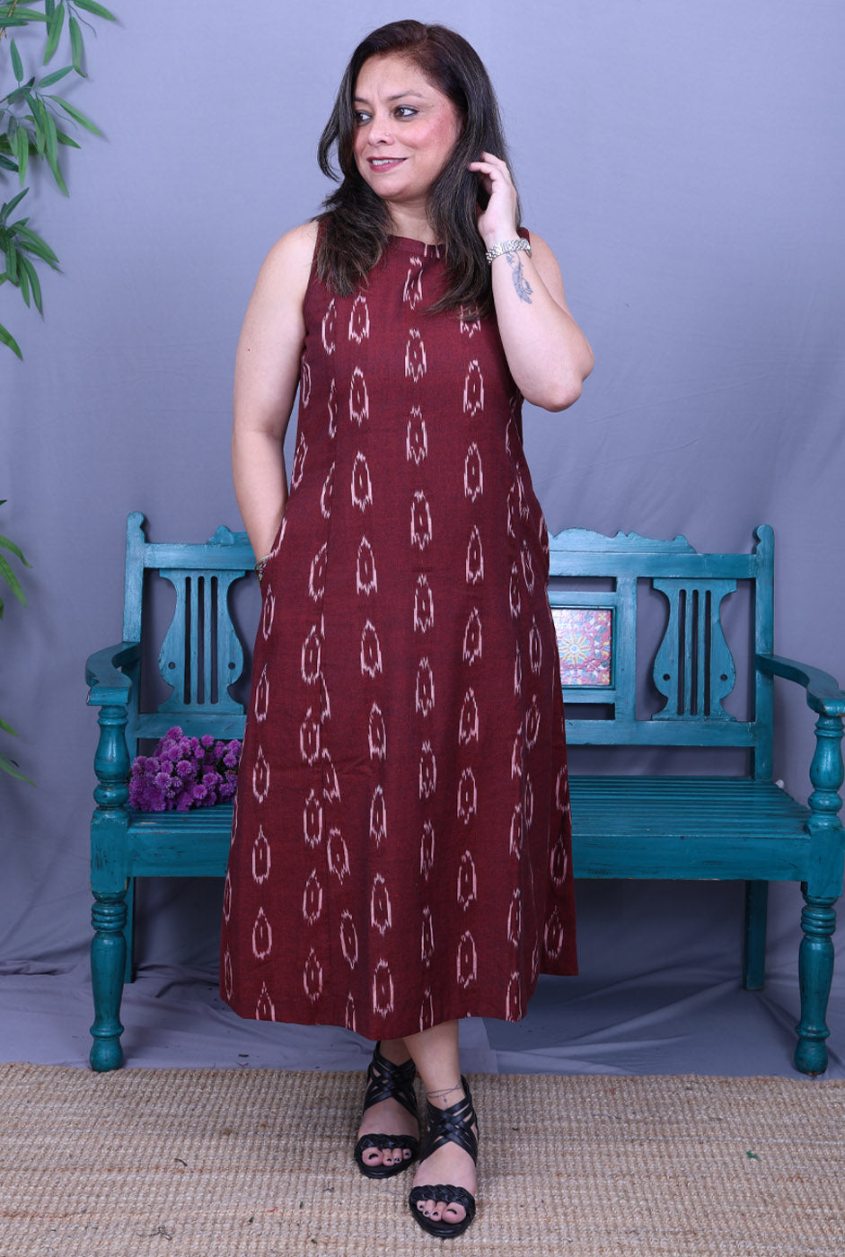 Maroon Single Ikat Dress with Mandarin Collar