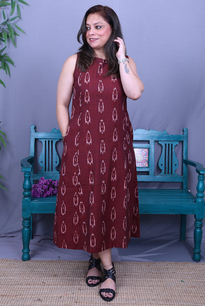 Maroon Single Ikat Dress with Mandarin Collar