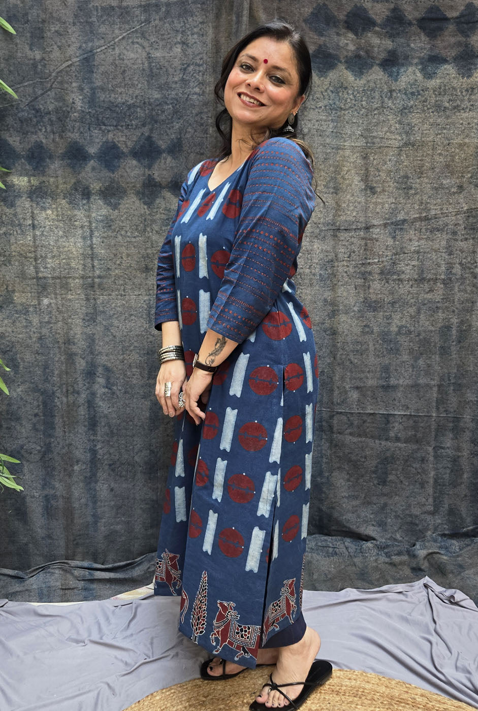 Raas Blue Ajrakh Straight Fit Kurta with Pichwai Border