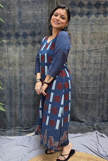 Raas Blue Ajrakh Straight Fit Kurta with Pichwai Border