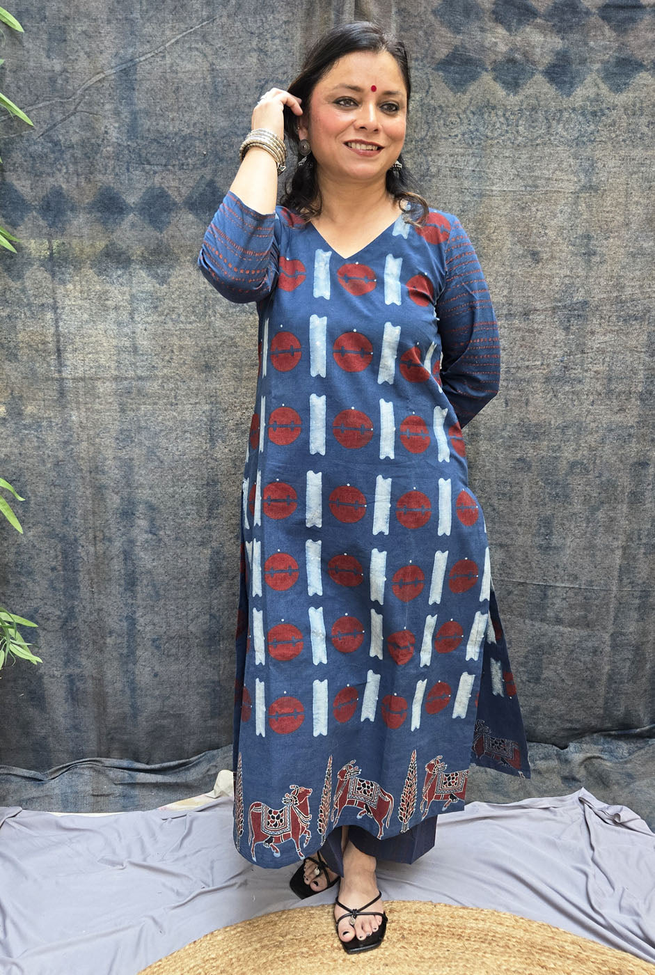 Raas Blue Ajrakh Straight Fit Kurta with Pichwai Border