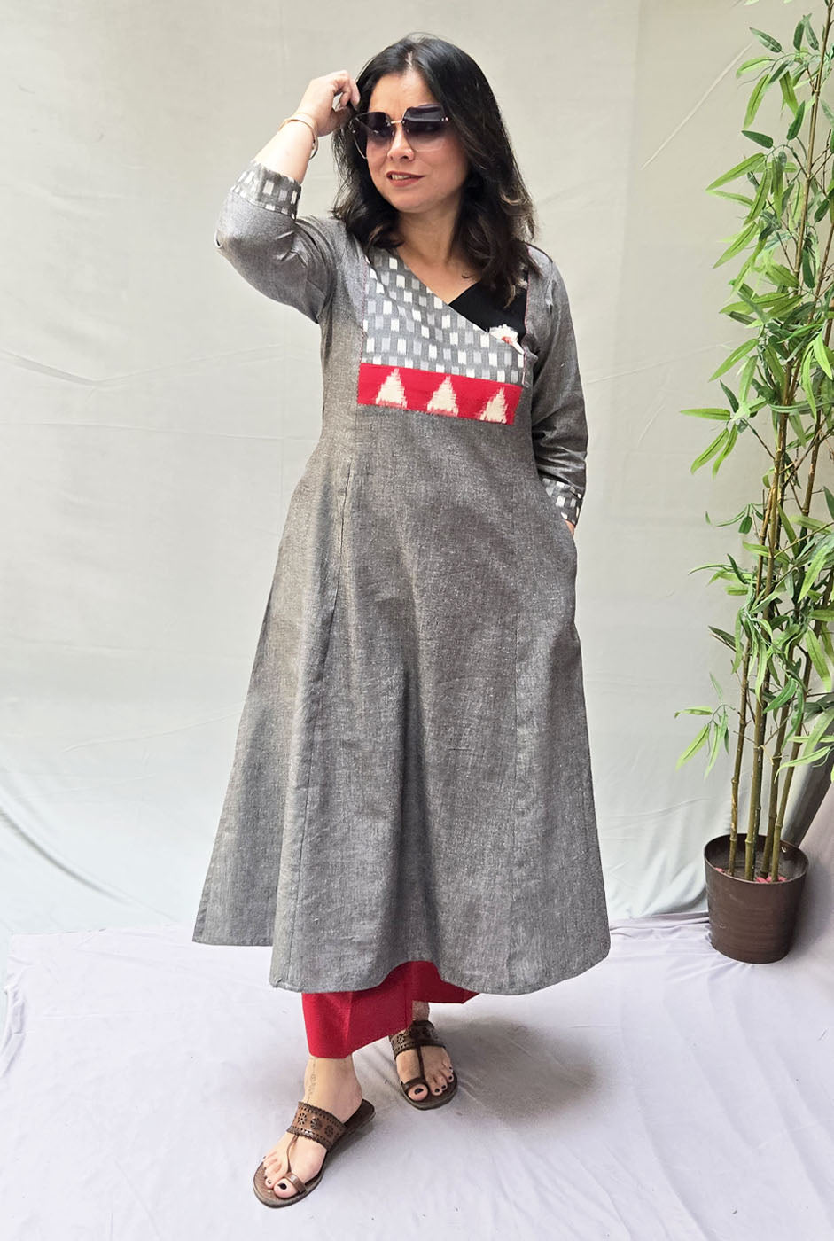Exclusive Grey Cotton Kurta with Double Ikat  Yoke Detailing
