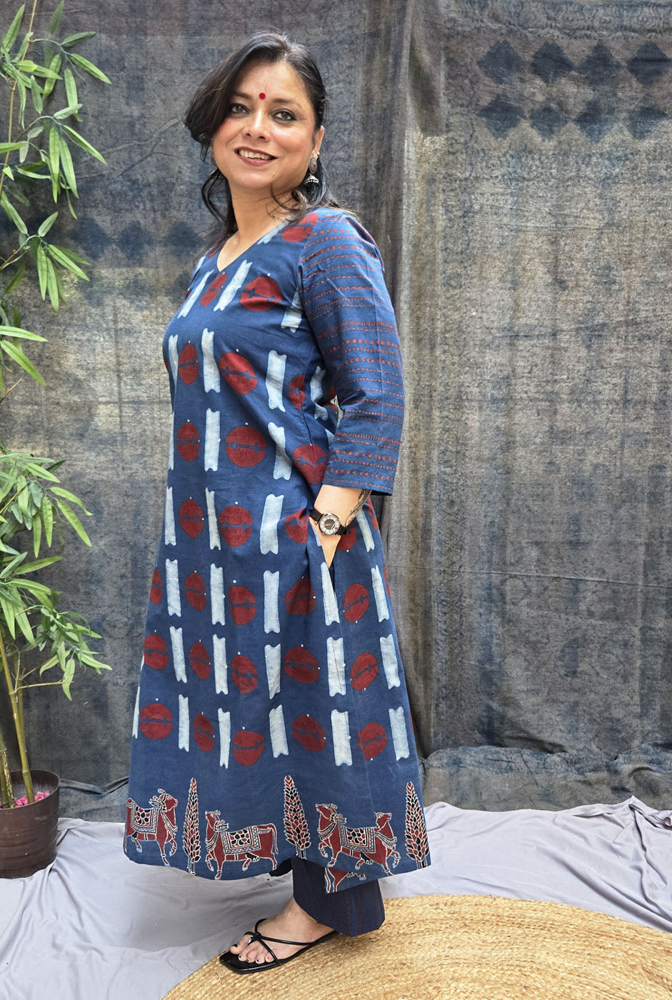Raas Blue Ajrakh Straight Fit Kurta with Pichwai Border