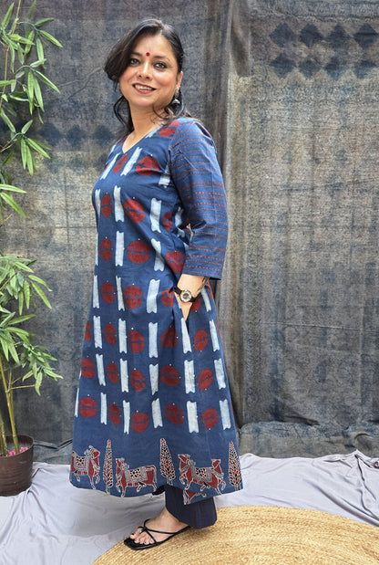 Raas Blue Ajrakh Straight Fit Kurta with Pichwai Border