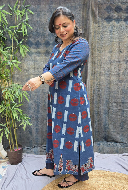 Raas Blue Ajrakh Straight Fit Kurta with Pichwai Border