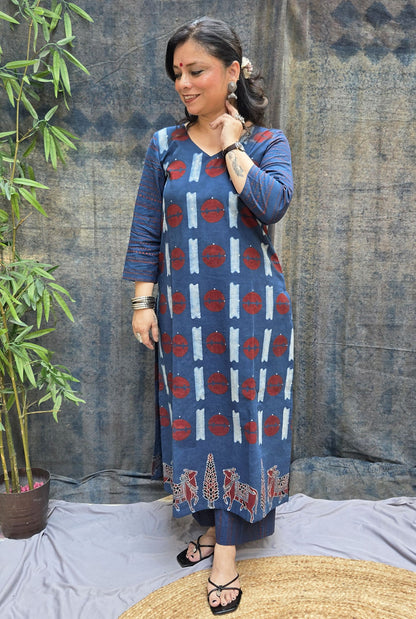 Raas Blue Ajrakh Straight Fit Kurta with Pichwai Border