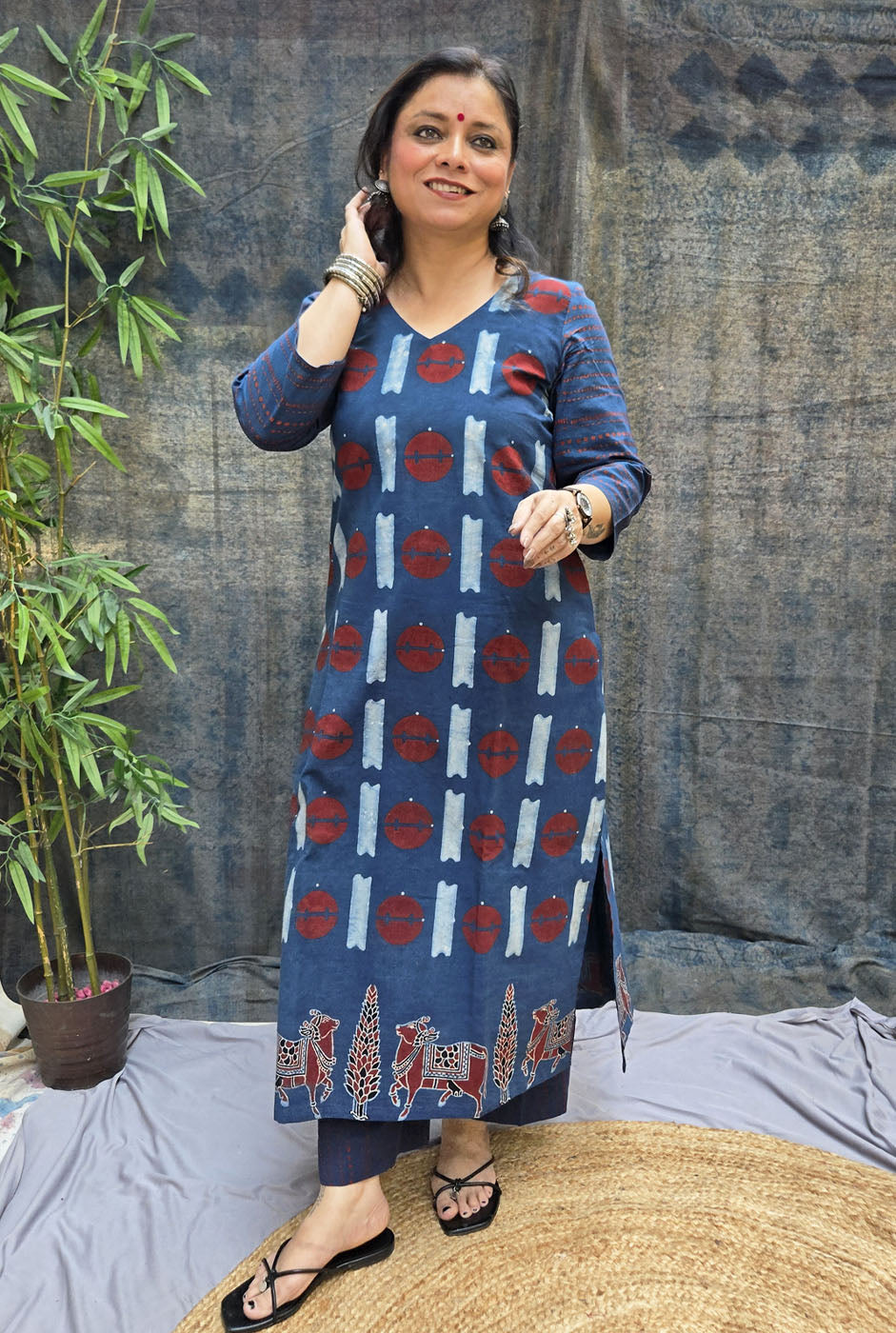 Raas Blue Ajrakh Straight Fit Kurta with Pichwai Border