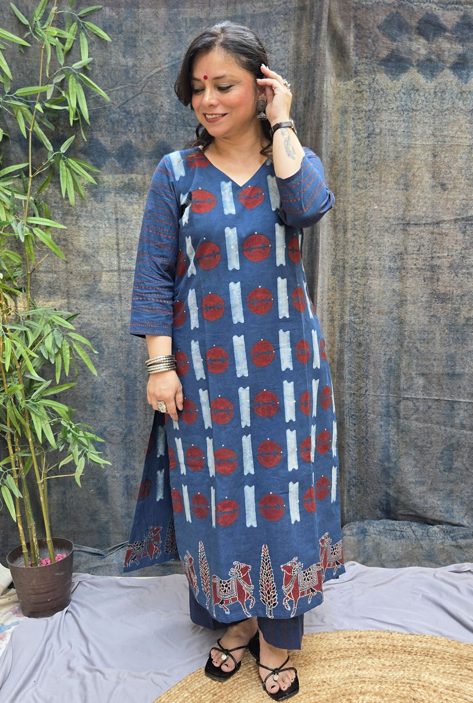 Raas Blue Ajrakh Straight Fit Kurta with Pichwai Border