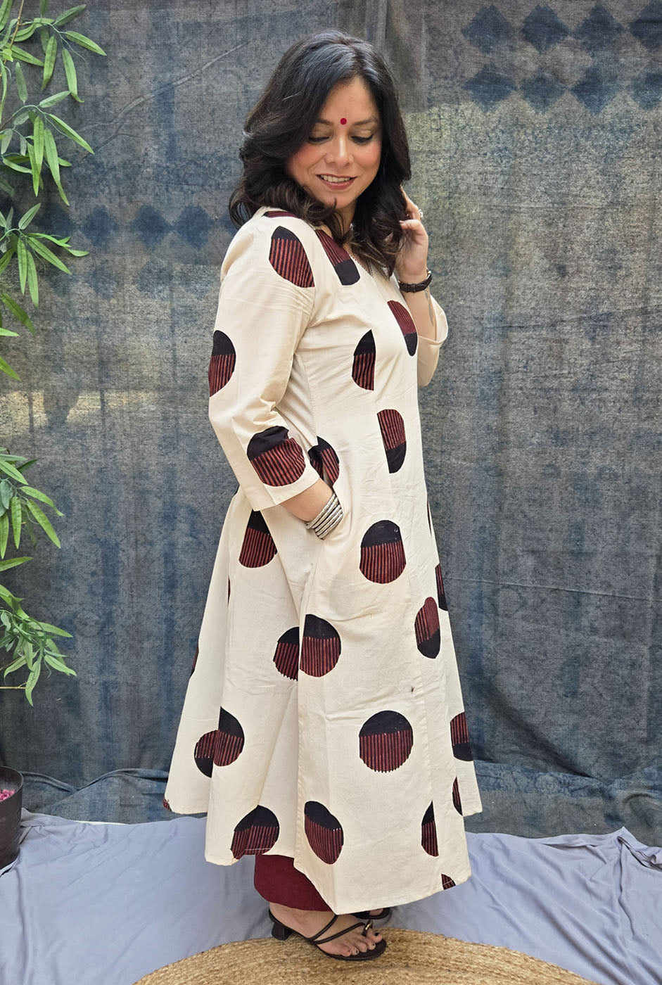 Ivory Bindu Cotton Ajrakh A-Line Kurta