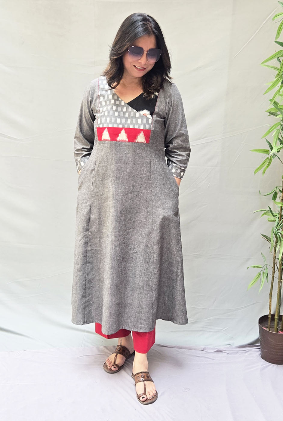 Exclusive Grey Cotton Kurta with Double Ikat  Yoke Detailing