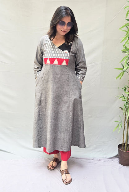 Exclusive Grey Cotton Kurta with Double Ikat  Yoke Detailing
