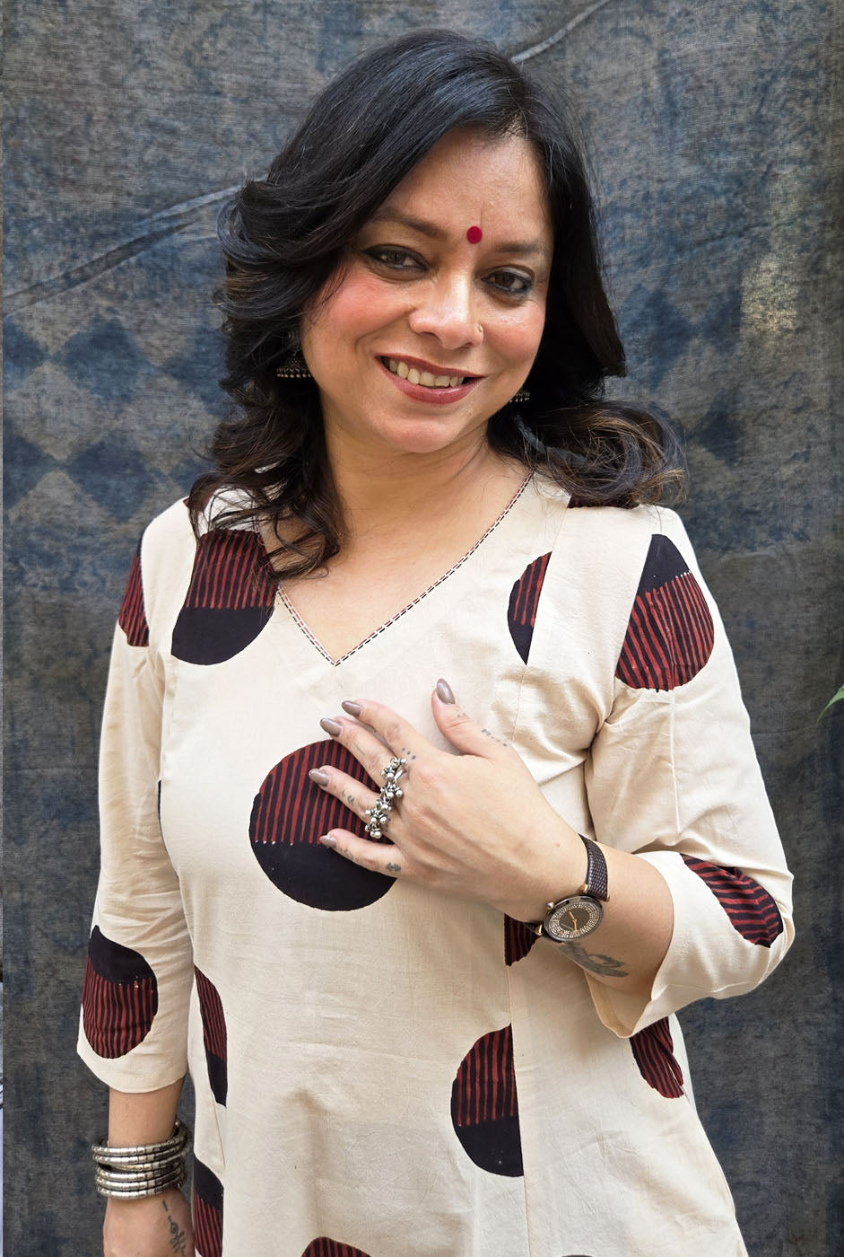 Ivory Bindu Cotton Ajrakh A-Line Kurta
