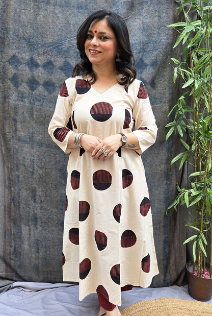 Ivory Bindu Cotton Ajrakh A-Line Kurta