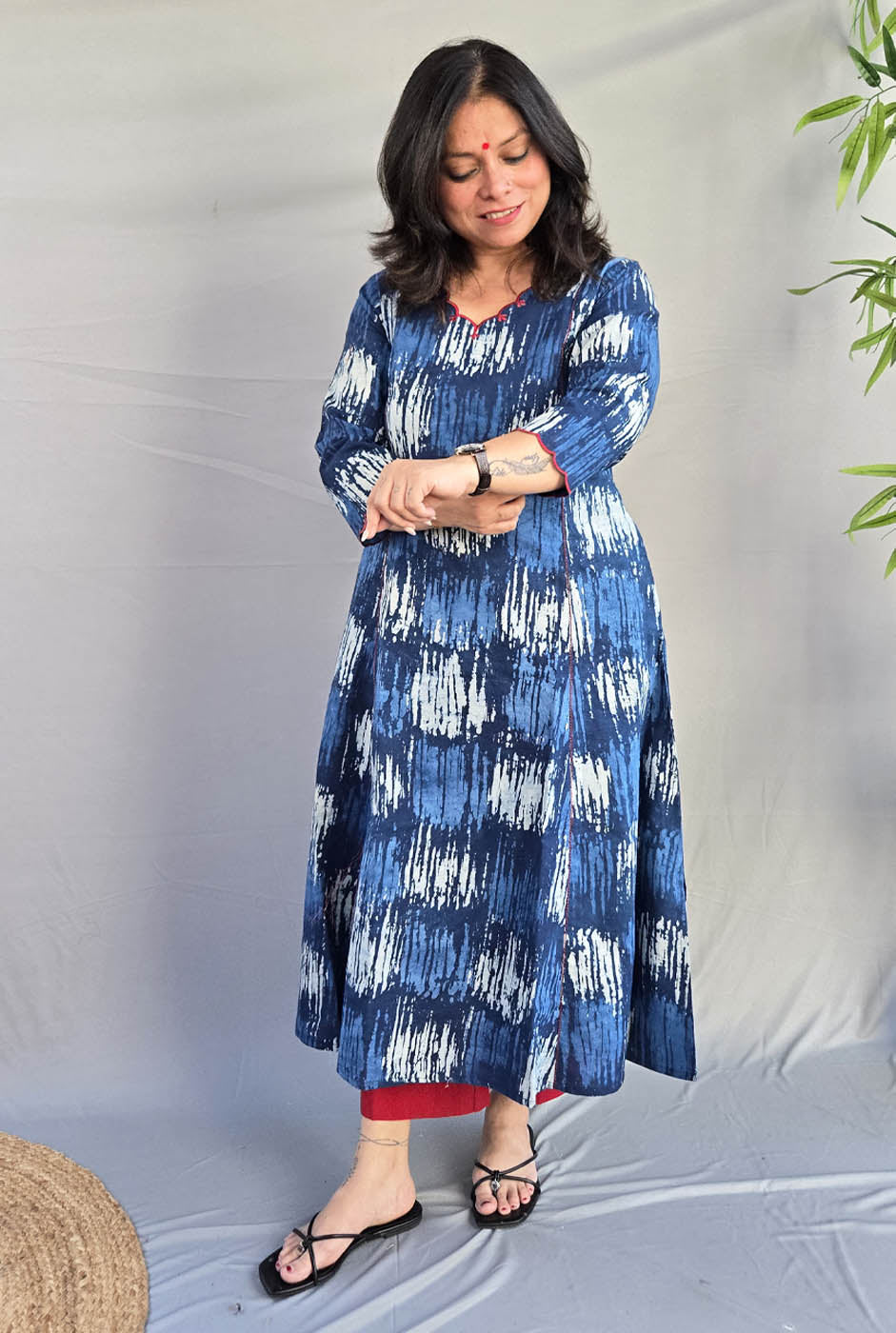 Indigo Blue Kurta with Neck & Sleeve Detailing