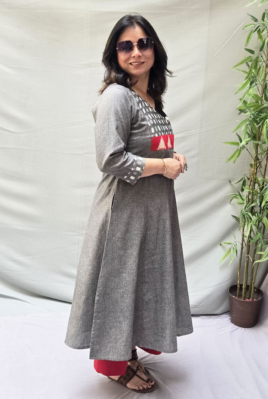 Exclusive Grey Cotton Kurta with Double Ikat  Yoke Detailing