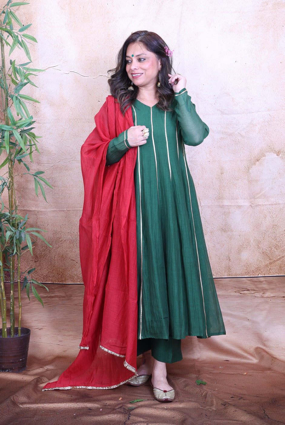 Nakshatra Mul Chanderi Green Gota Co-ord Set of 2