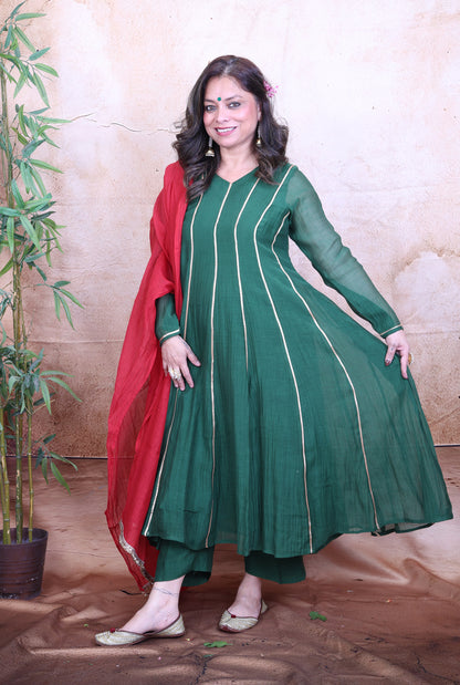 Nakshatra Mul Chanderi Green Gota Co-ord Set of 2