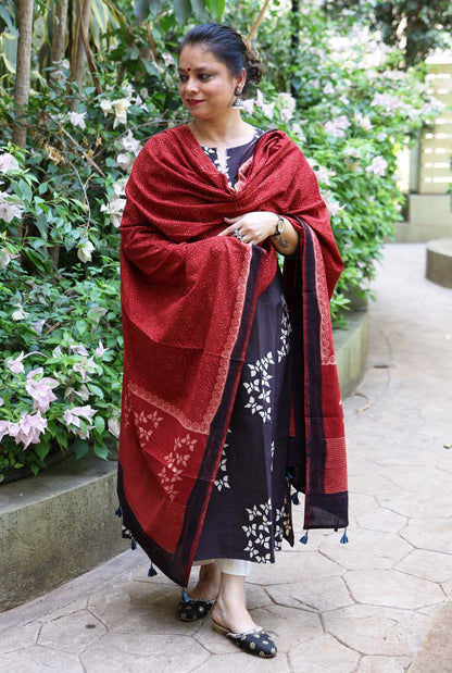 Alahi Black Ajrakh A-Line Kalidar Kurta with Butterfly Block & Hand Kantha Work