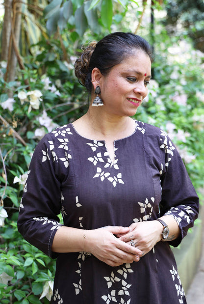 Alahi Black Ajrakh A-Line Kalidar Kurta with Butterfly Block & Hand Kantha Work