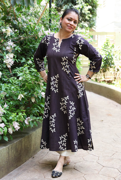 Alahi Black Ajrakh A-Line Kalidar Kurta with Butterfly Block & Hand Kantha Work