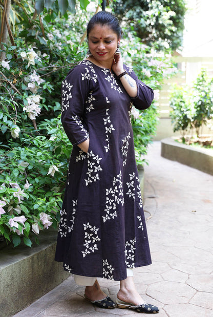 Alahi Black Ajrakh A-Line Kalidar Kurta with Butterfly Block & Hand Kantha Work