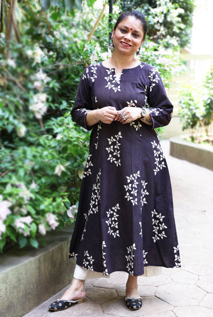 Alahi Black Ajrakh A-Line Kalidar Kurta with Butterfly Block & Hand Kantha Work