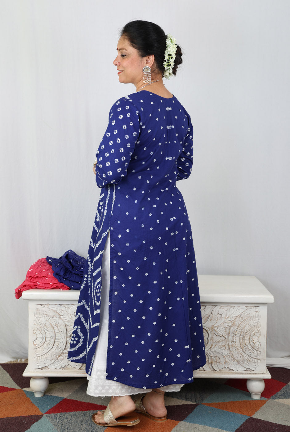 Royal Blue Bandhani Kurta with Handcrafted Neck Detailing