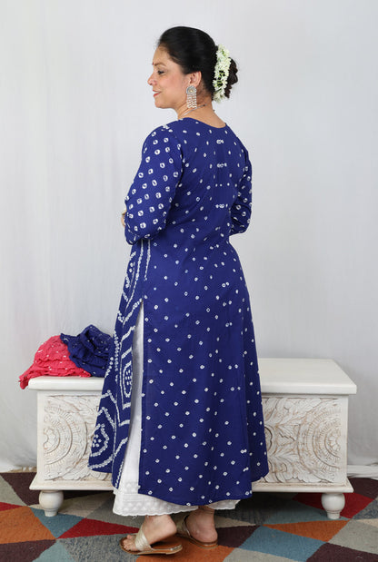 Royal Blue Bandhani Kurta with Handcrafted Neck Detailing