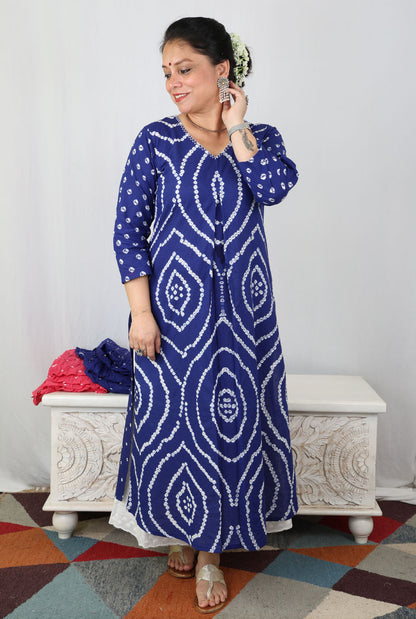 Royal Blue Bandhani Kurta with Handcrafted Neck Detailing