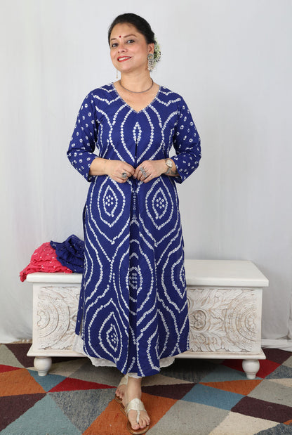 Royal Blue Bandhani Kurta with Handcrafted Neck Detailing