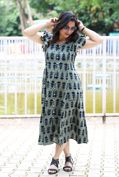 Military Green Dobi Cotton A-Line Dress with Mull Lining
