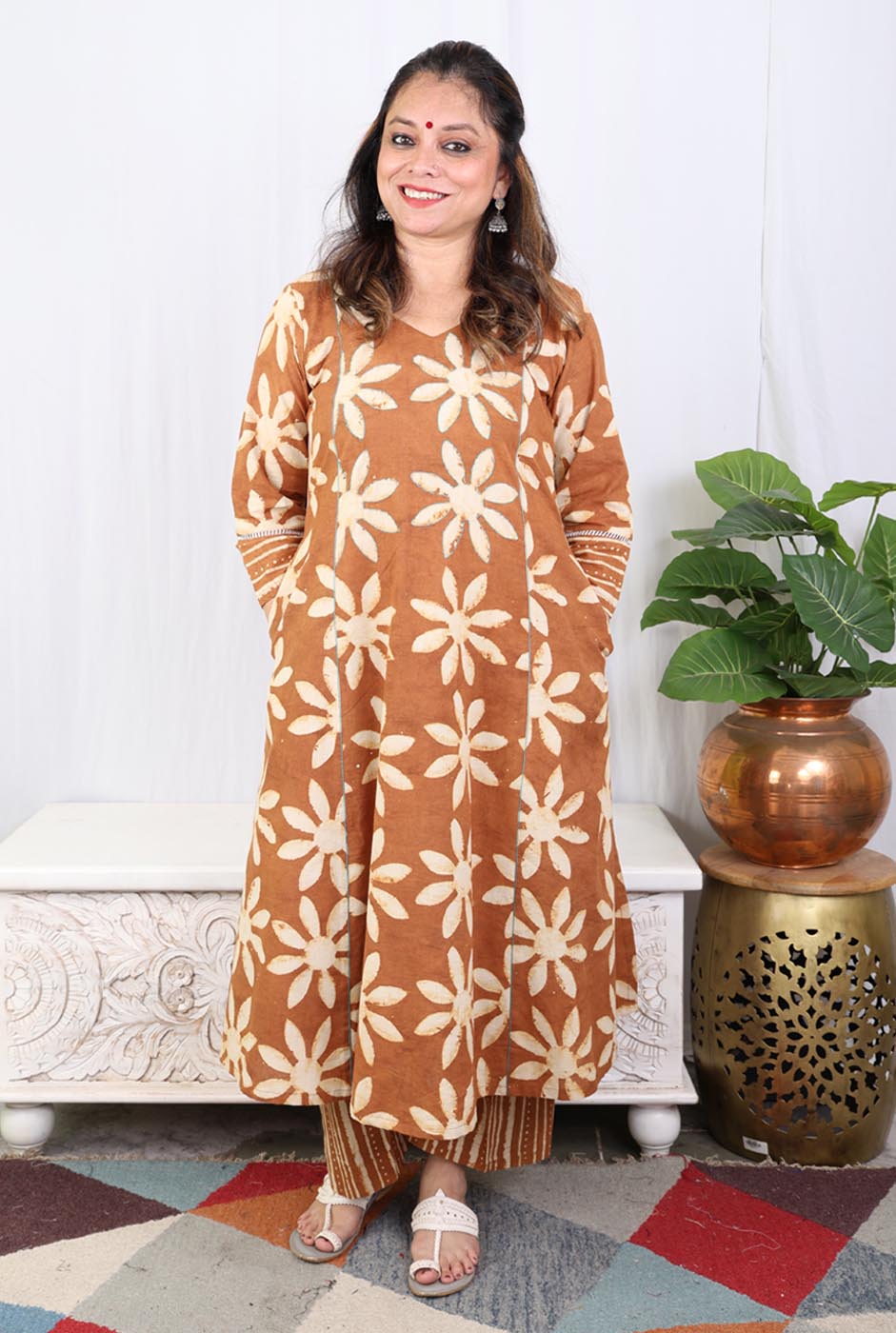 Brown Dabu Handblock Kurta Pant Set