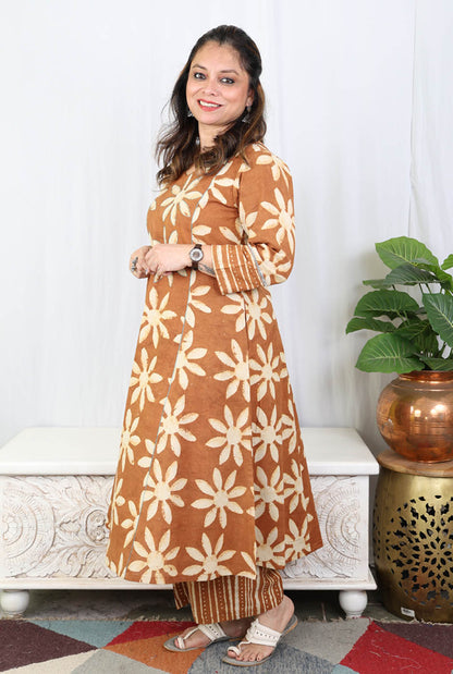 Brown Dabu Handblock Kurta Pant Set
