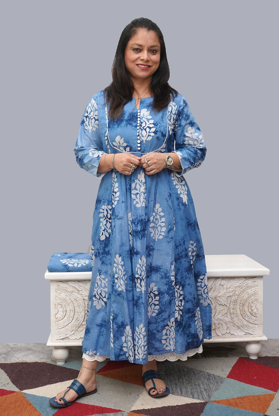 Cotton Blue Wax Batik A-Line Kurti