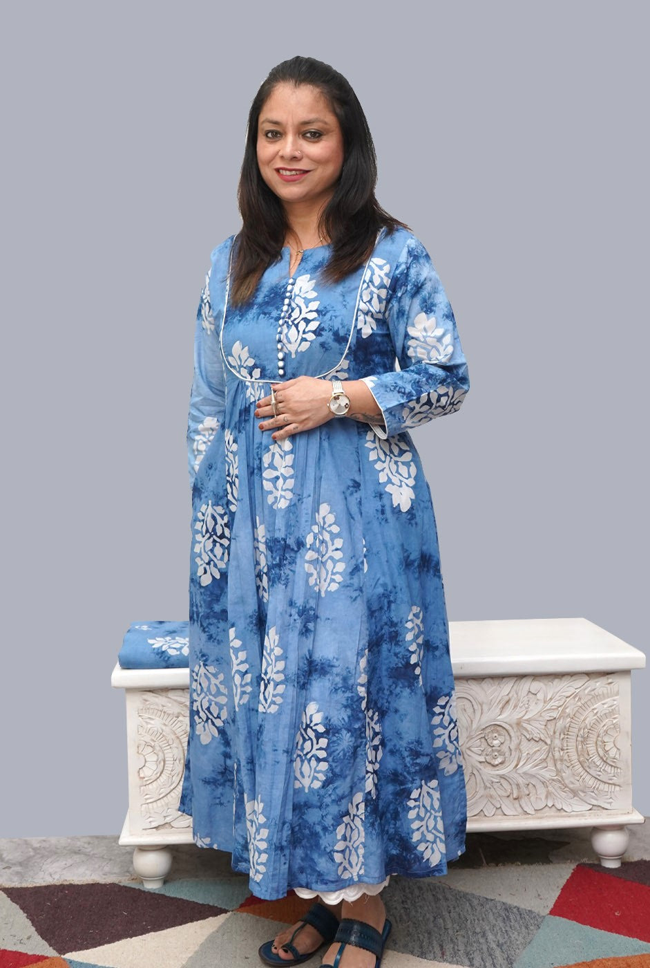 Cotton Blue Wax Batik A-Line Kurti