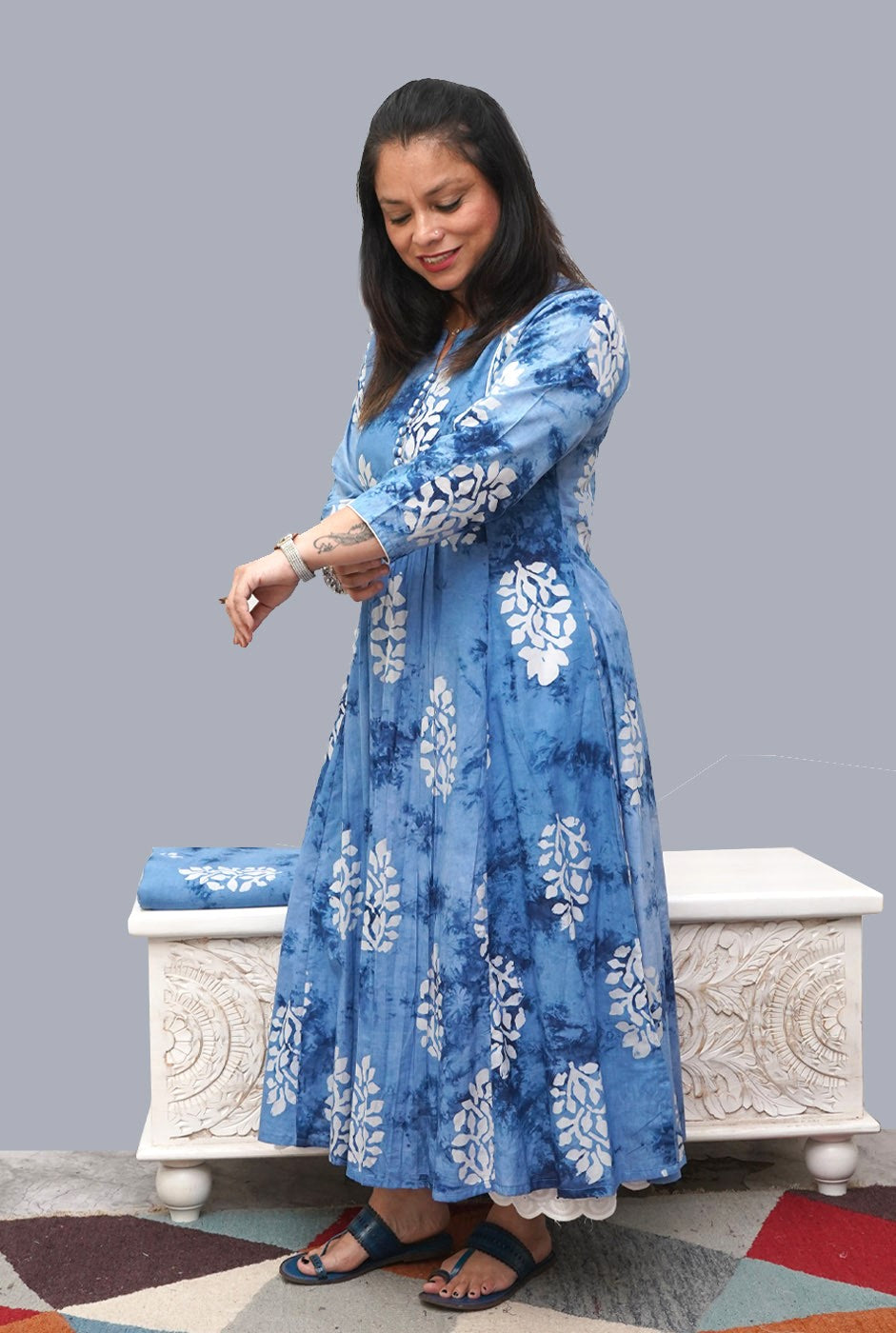 Cotton Blue Wax Batik A-Line Kurti