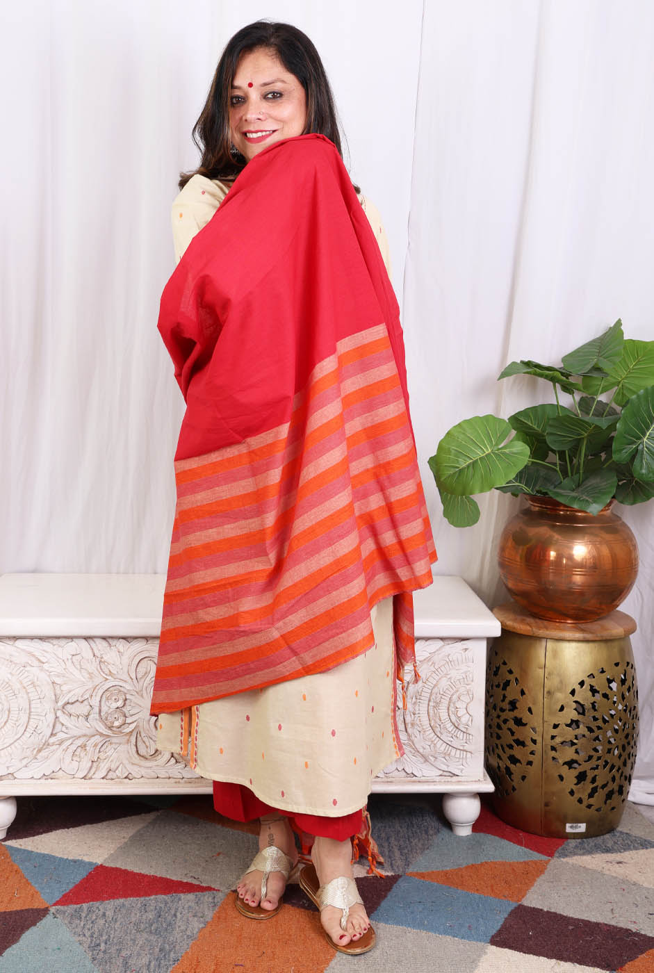 Beige kurta pant set with angrakha yoke & kantha work