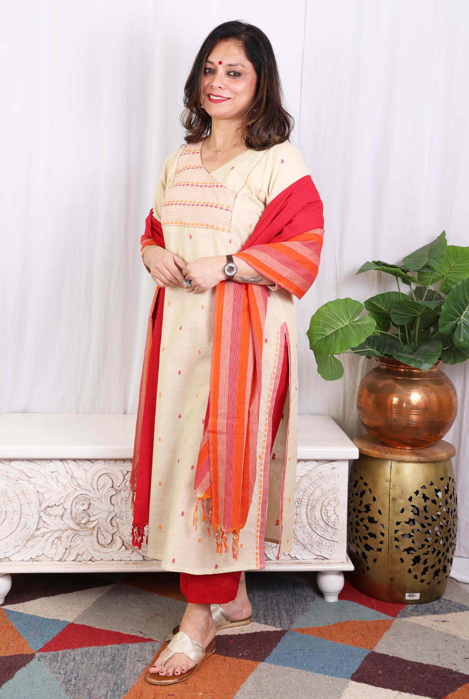 Beige kurta pant set with angrakha yoke & kantha work