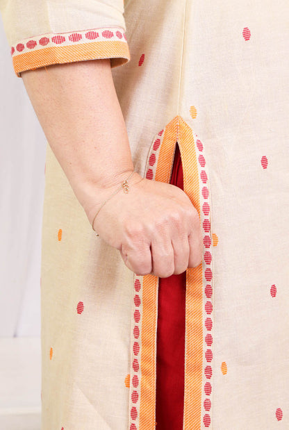 Beige kurta pant set with angrakha yoke & kantha work