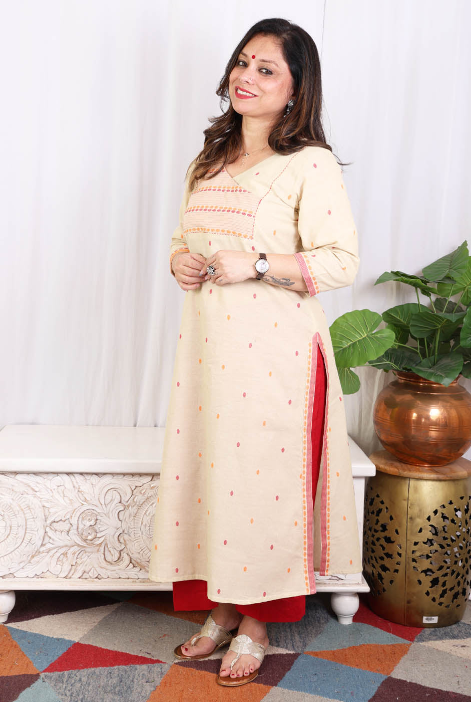 Beige kurta pant set with angrakha yoke & kantha work