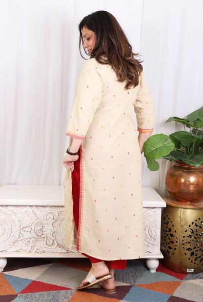 Beige kurta pant set with angrakha yoke & kantha work