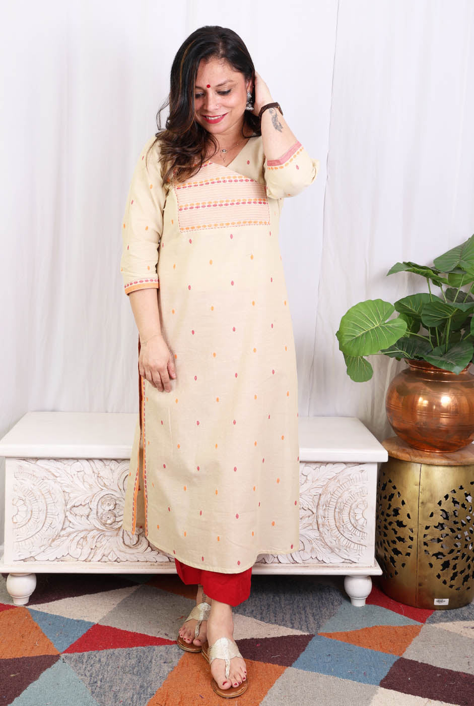 Beige kurta pant set with angrakha yoke & kantha work