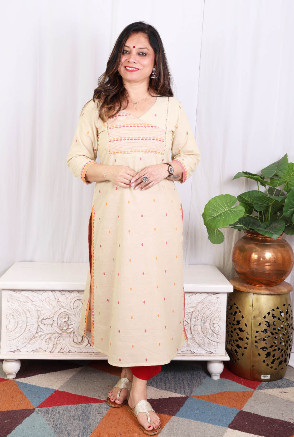 Beige kurta pant set with angrakha yoke & kantha work